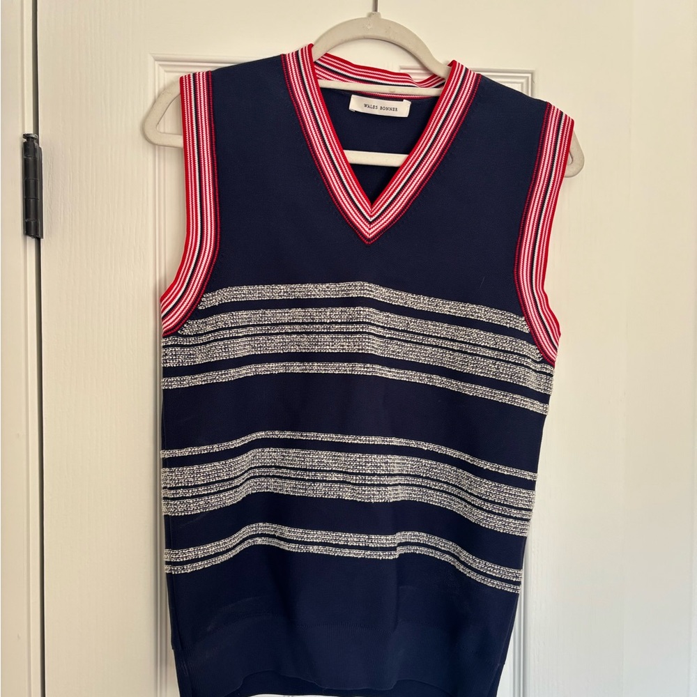 Wales Bonner Navy V-Neck Sweater Vest with Red & White Trim
